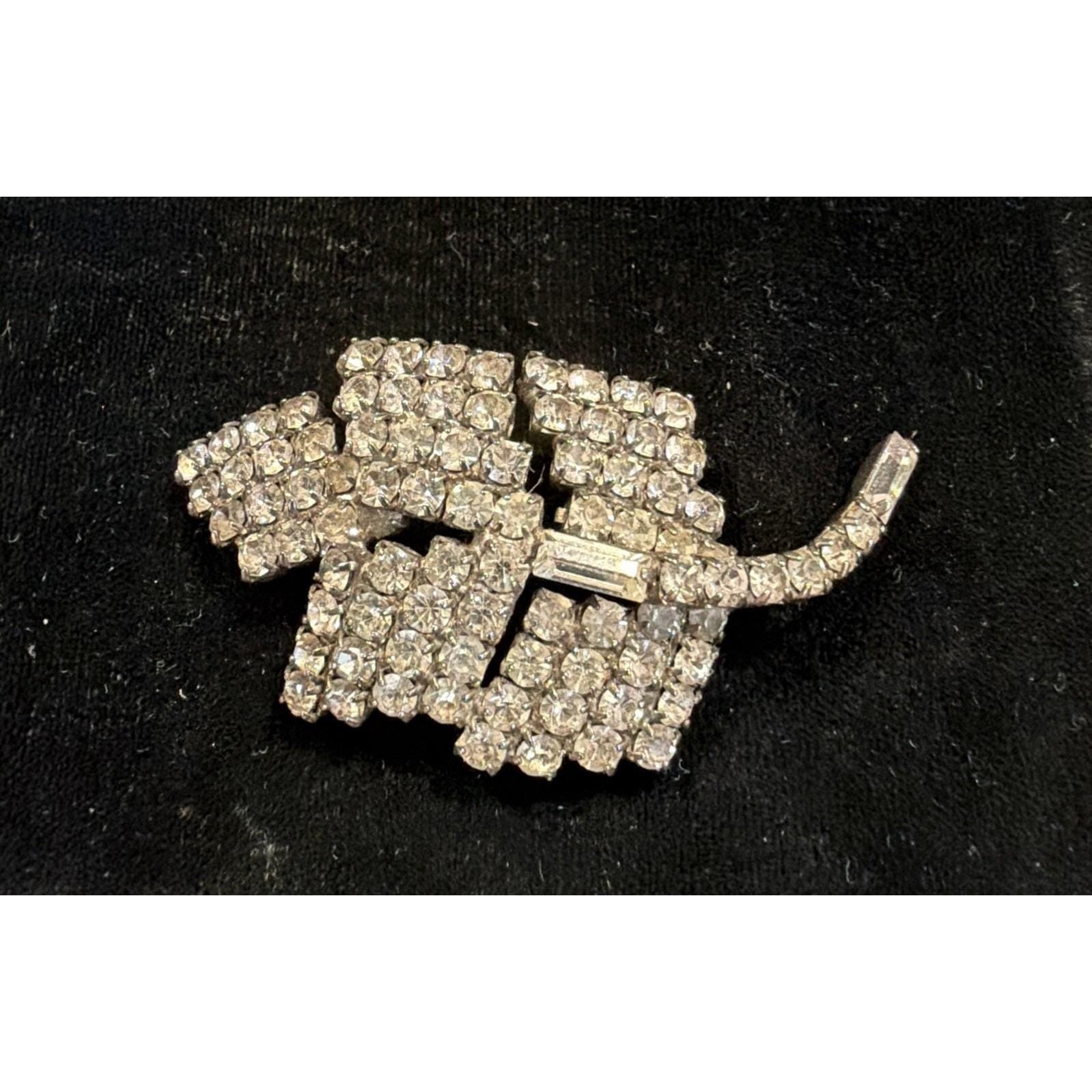 Vintage Rhinestone Abstract Brooch Silver Tone Sparkly Costume Jewelry